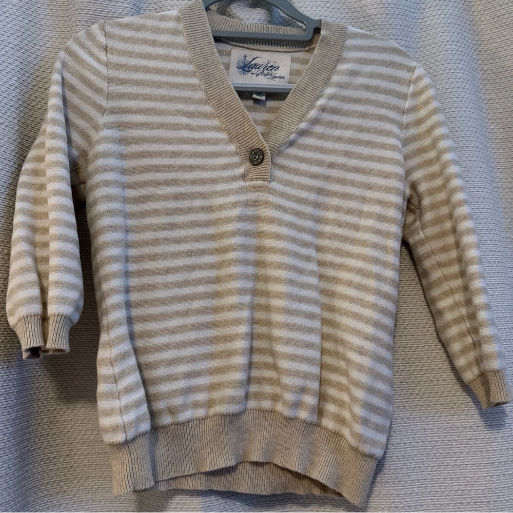 Ralph Lauren Beige and White Striped V-Neck Sweater
